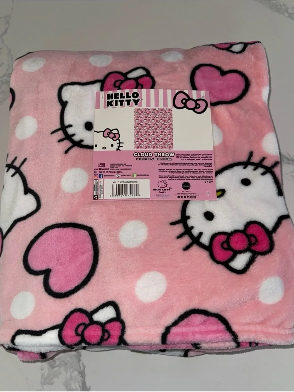 Hello Kitty Pink Hearts and Polka Dots Oversized Cloud Throw Blanket
